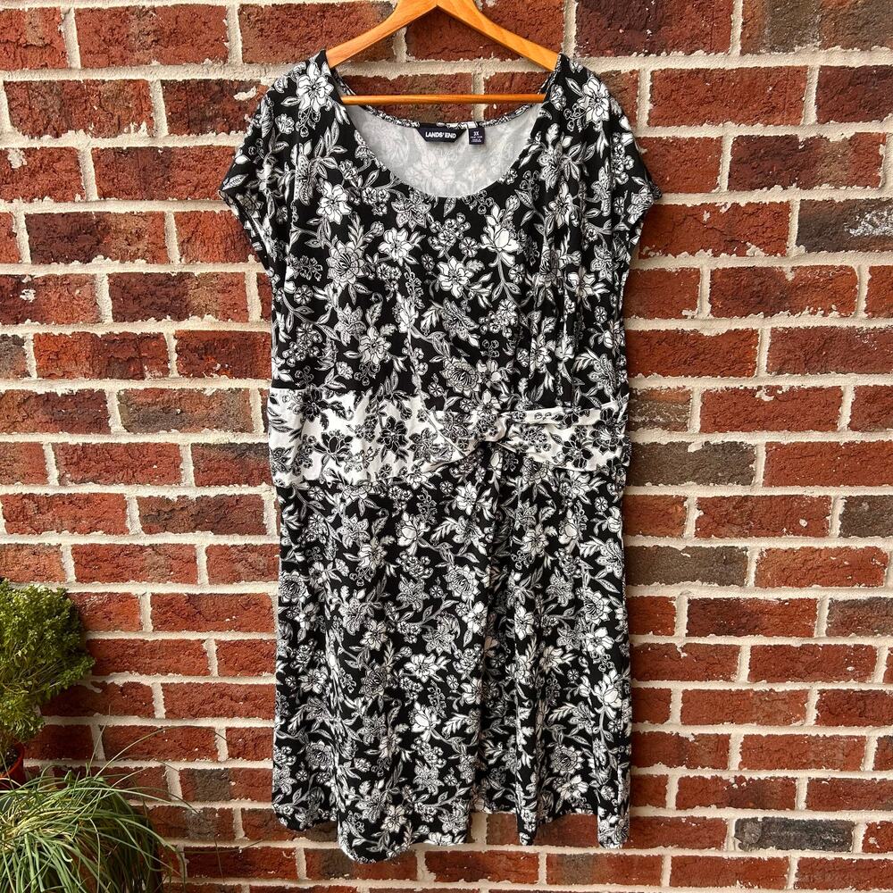 Lands’ End Black White Floral Fit & Flare Midi Dress Plus Size 3X (24W-26W)